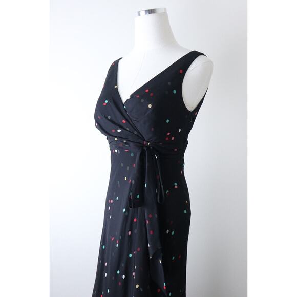 Vintage 1990s Anne Klein Size 4 Silk Dotted Faux Wrap Midi Dress Black Chiffon - Picture 4 of 12